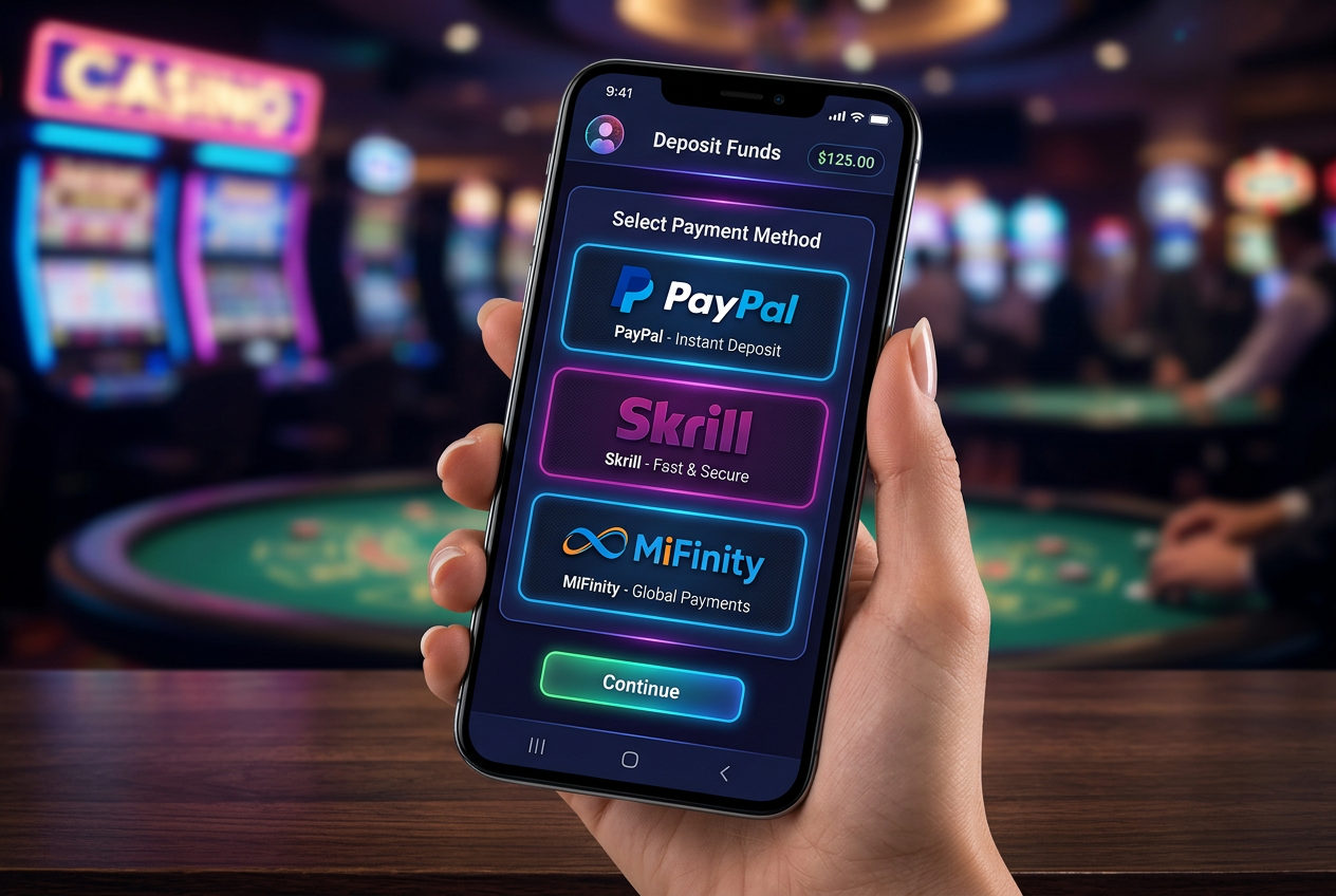 Modern online casino payment dashboard showing digital wallet integration