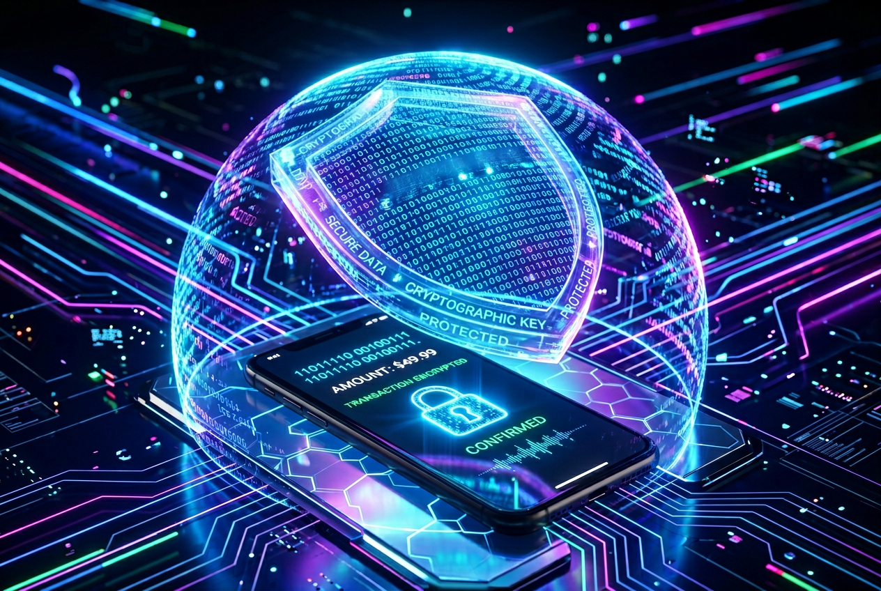 Abstrakcyjna tarcza bezpieczeństwa cyfrowego nad smartfonem symbolizująca ochronę płatności