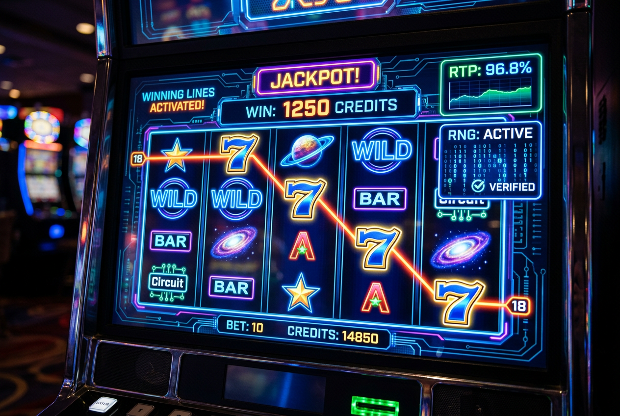 Modern slot machines interface with data overlays and RTP indicators