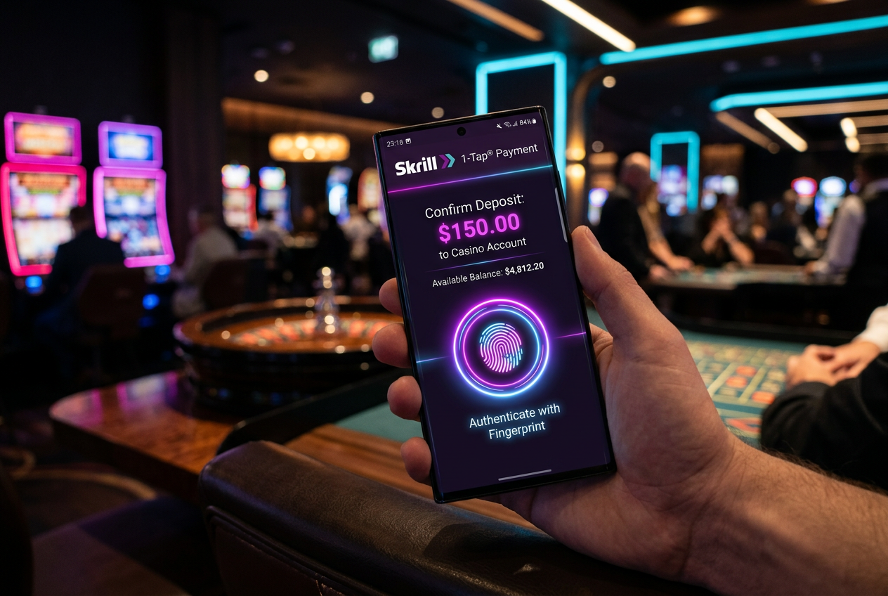 Interfejs płatności Skrill 1-Tap z autoryzacją biometryczną na smartfonie